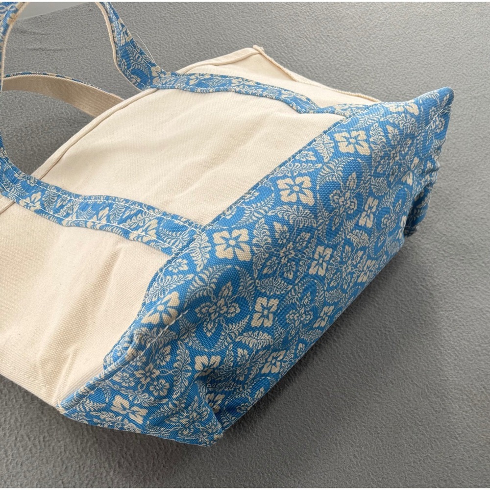 L.L. Bean VTG 90s Boat‎ and Tote Bag Med Cream Blue Floral Canvas Beach Coastal - Picture 3 of 7